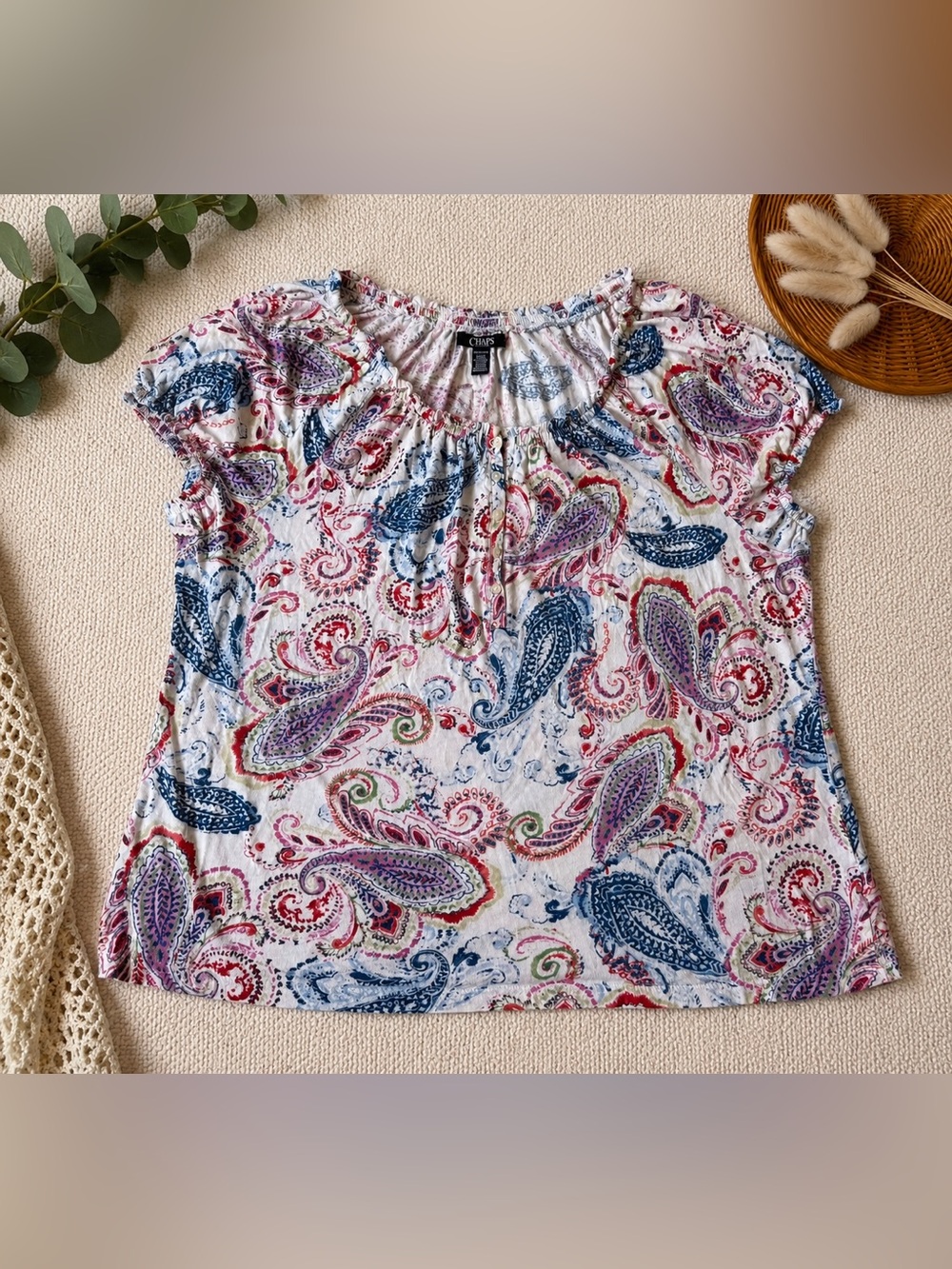 Chaps White Paisley Short Sleeve Scoop-Neck Top with Blue and Purple Accents